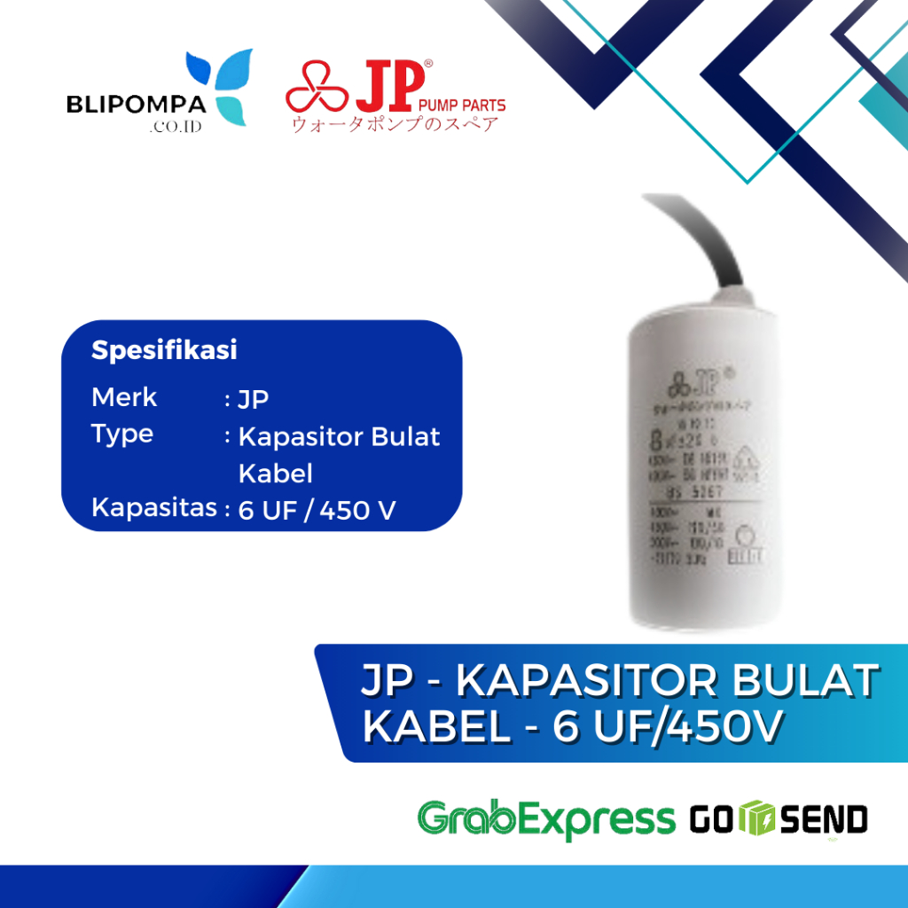 JP - KAPASITOR KABEL 6 UF / 450 V - CAPASITOR POMPA AIR BULAT KABEL 6 MIKRO