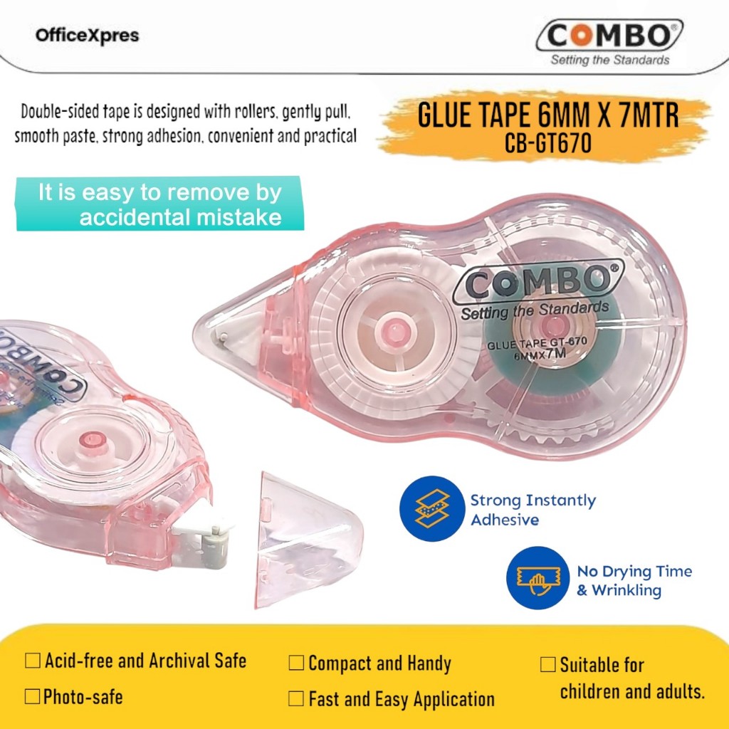 

Glue Tape 7 Meter GT-670 / Lem Kertas Roller / Lem Kering / Double Tape Combo