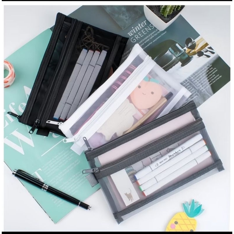 

Tempat Pensil Transparan Satu/Dua Lapisan Dengan Resleting Kotak Pensil Sekolah Kantor