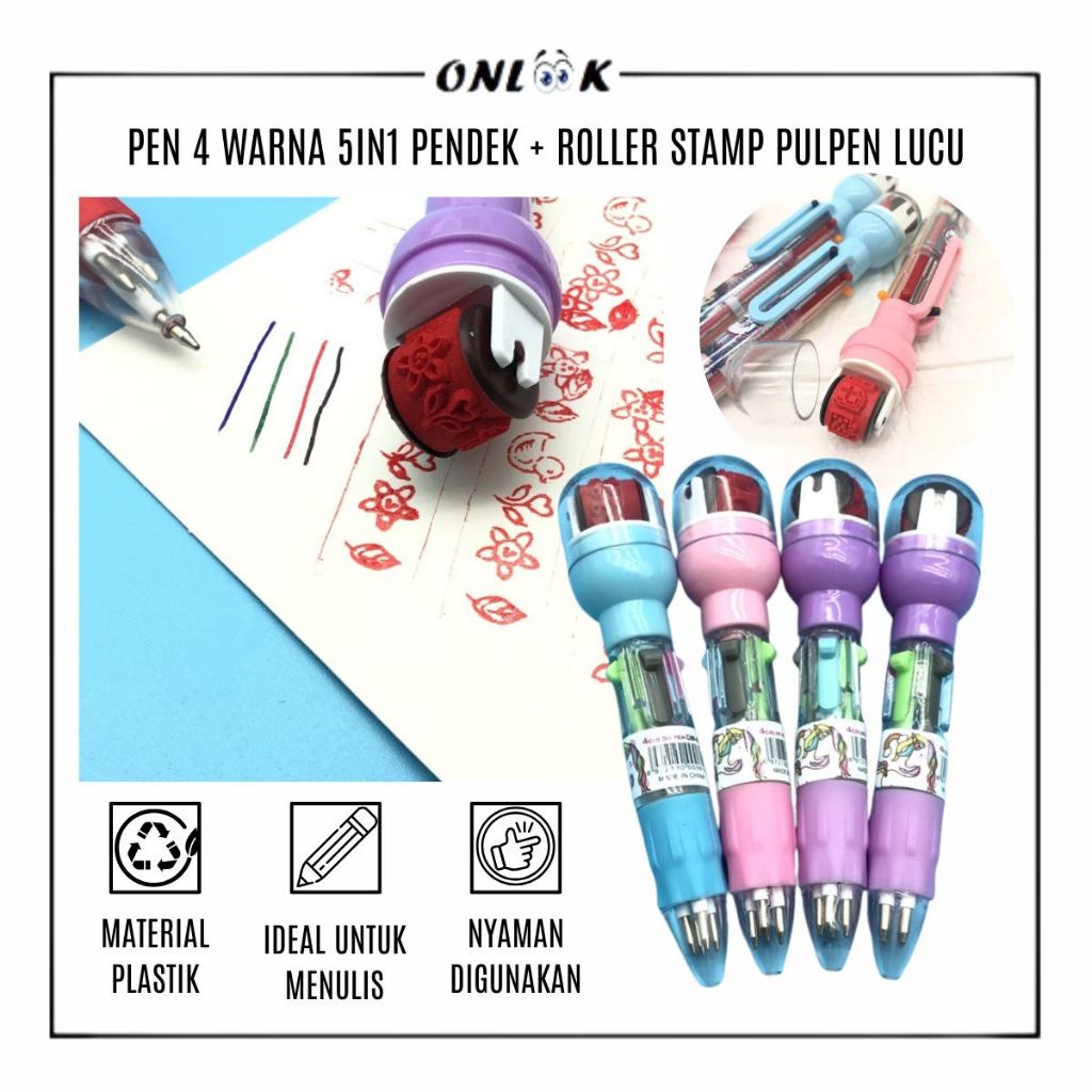 

ONLOOK Pulpen 4 Warna Pendek + Roller Stamp / Pen 5in1 Multicolor / Pulpen Mekanik Bergambar Lucu