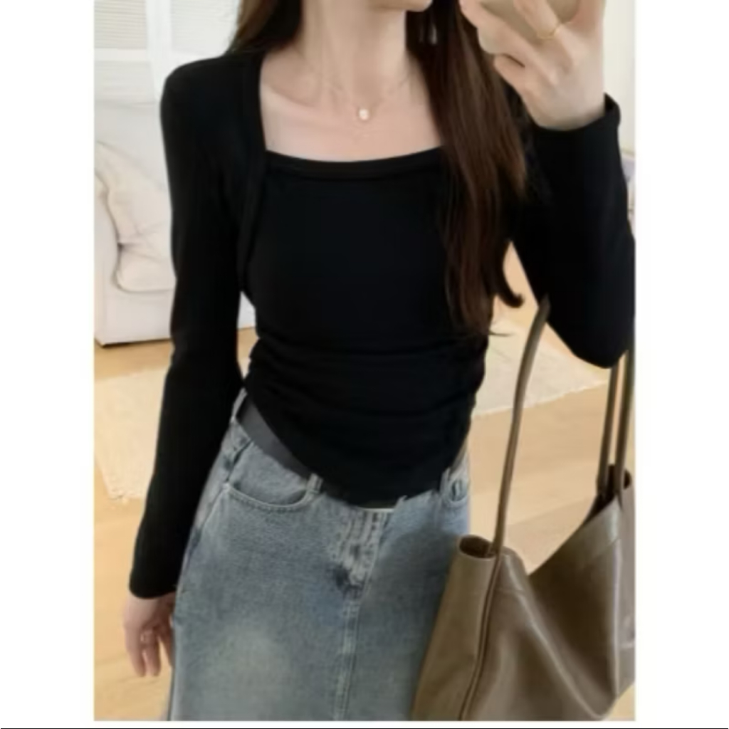Crop Top Korea Square Neck Oval Top Lengan Panjang - Kaos Crop Top Lengan Panjang Korean Style
