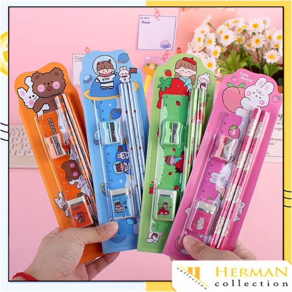 

HC Stationery Set 5 in 1 Alat Tulis Anak Sekolah Penghapus penggaris Pensil Serutan Karakter Lucu