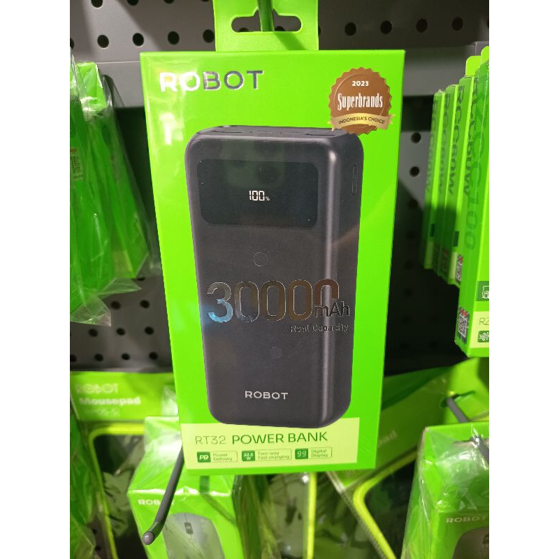 Robot Powerbank RT32 30000 mAh Fast Charging 22.5W  3 port USB type-c LED ORIGINAL.