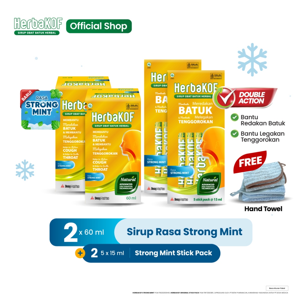 HERBAKOF Obat Batuk Strong Mint 60 ml (x2) + Strong Mint Isi 5 Stick Pack (x2) | Free Hand Towel