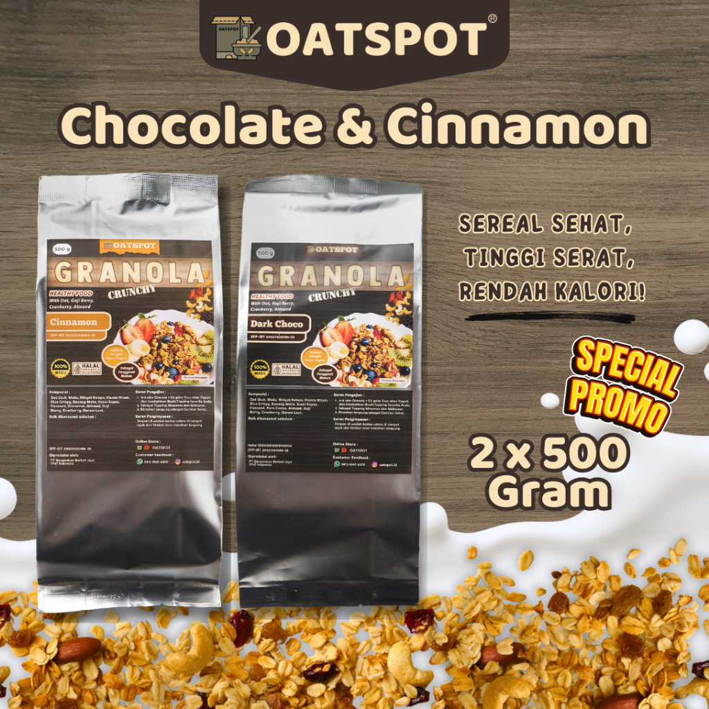 

Oatspot Bundle Granola - Cinnamon & Dark Choco - Paket Trial 2x500 gram