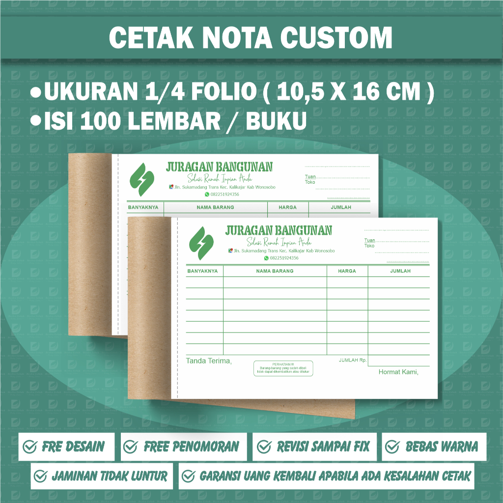 

Nota custom 2 ply 1/4 folio isi 100 lembar