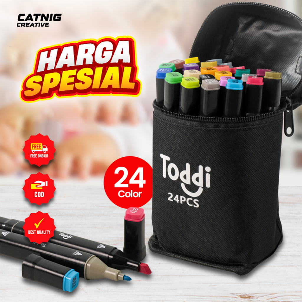 

FREE TAS Spidol Warna Warni 1 Set 24 PCS Warna Stabilo Touch Dual Side Brush Pen Marker Toddi