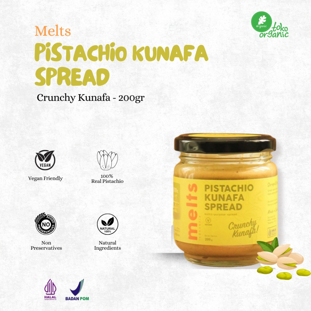 

Melts Pistachio Kunafa Spread (200gr) | Selai Kacang Pistachio dengan Kunafa, Selai Kacang Pistachio Crunchy, Selai Plant Based Vegan untuk Roti Bahan Kue Baking Pastry Topping 100% Real Pistachio Nuts