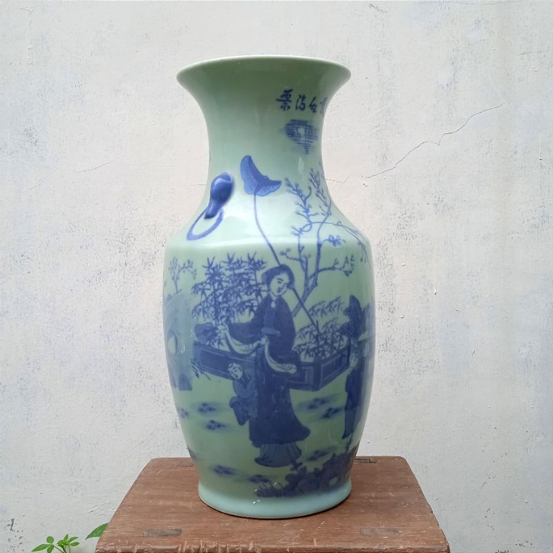 Antik Vas Guci Porselen Cina Celadon Lukis Tangan T.35cm Utuh Mulus