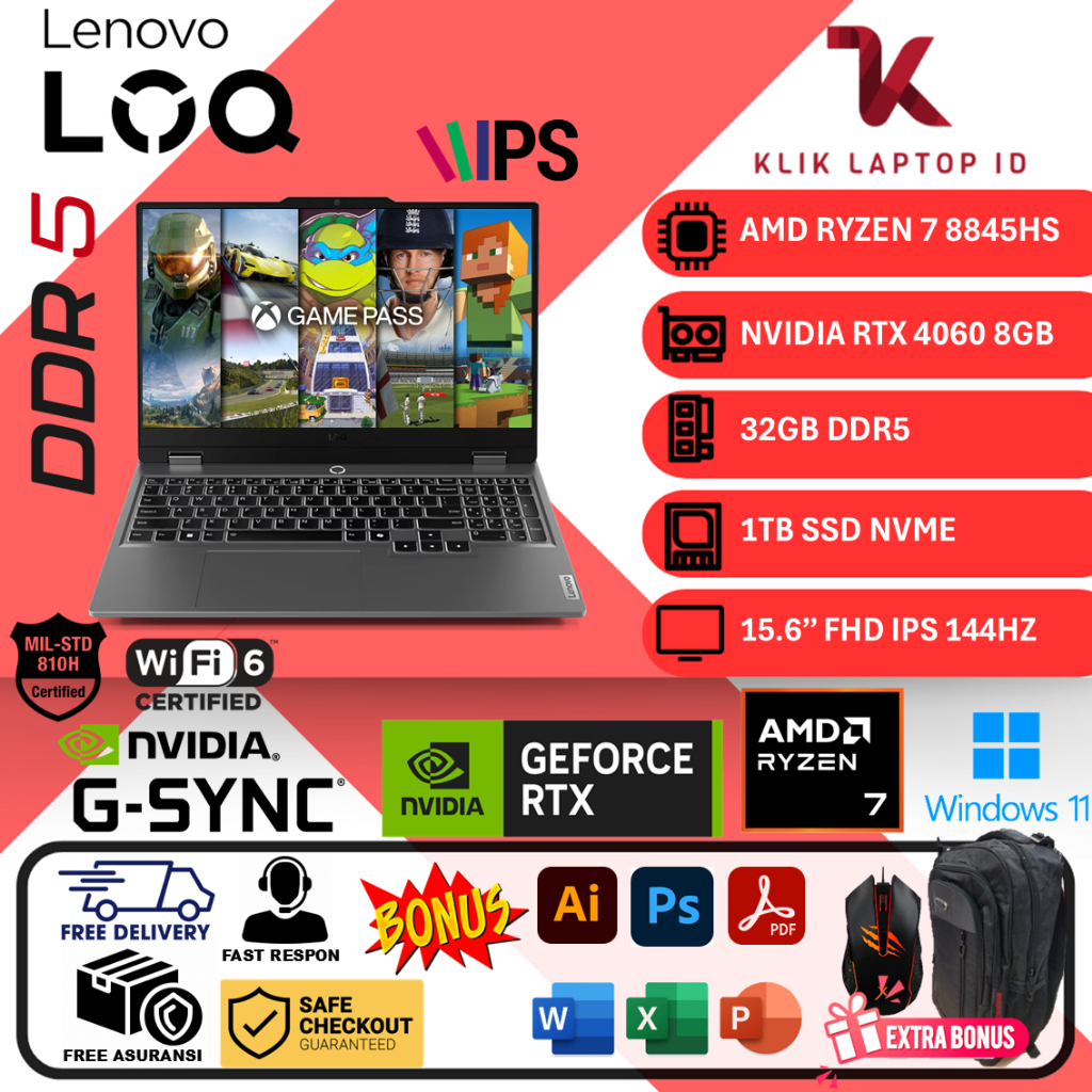 Laptop Gaming Lenovo LOQ 15AHP9 Ryzen 7 8845HS 32GB 2TB RTX4060-8GB 15.6 FHD IPS 144HZ Win11Home