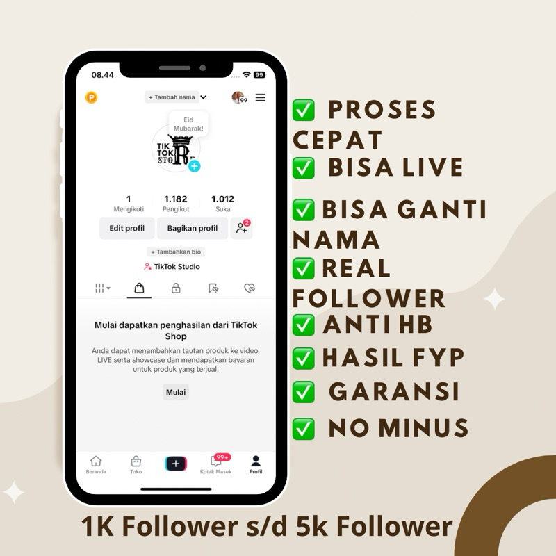 Akun Tiktok Follower 1K - 5K Fyp Real Indo Followers Aktif Bisa Live Dan Garansi 100%