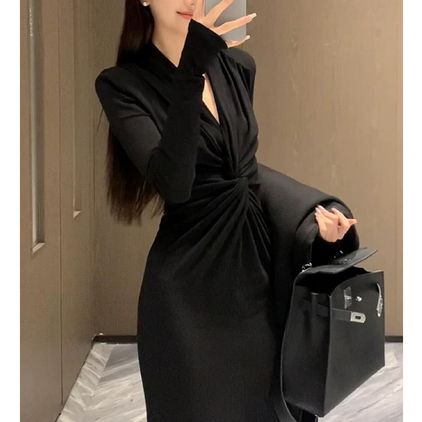 baju summer midi dress terbaru 2025 dress hitam lengan panjang prom evening dress press body wanita 