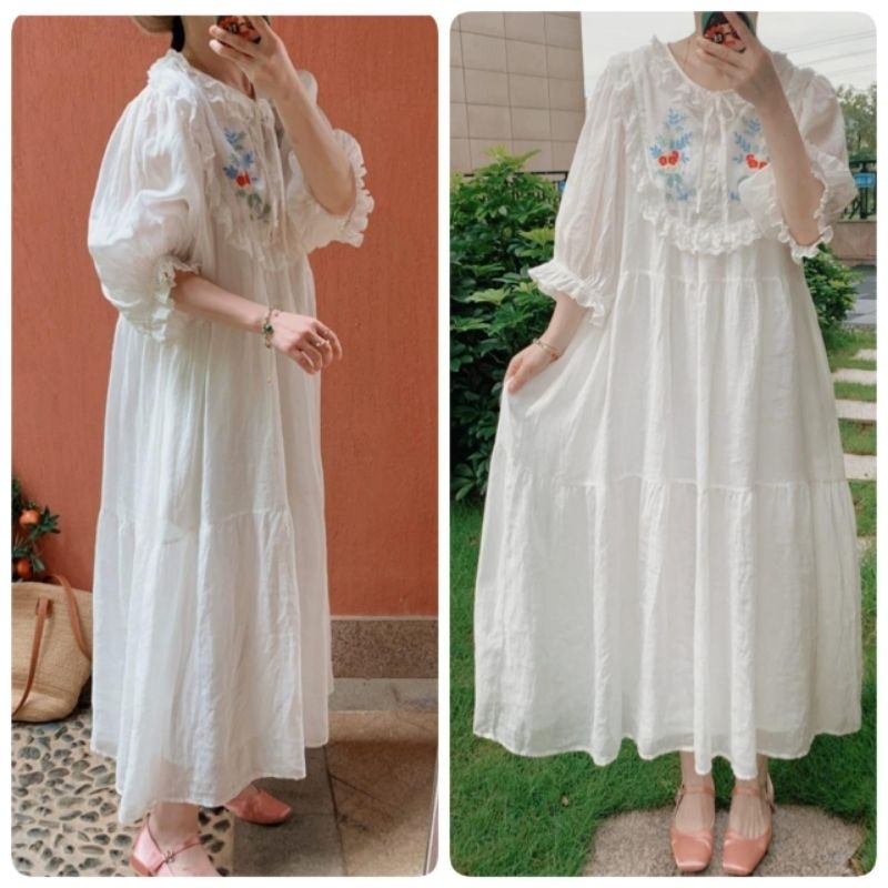 18670 Baju mididress HAZUKA EMBROIDERED MORIKEY STYLE DRESS KOREA Bordir putih dres Korean style wan