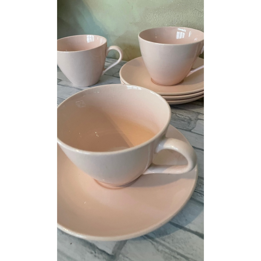 4 set cangkir + Alas piring Tea cup Set Pink Polos Keramik Lawas Second
