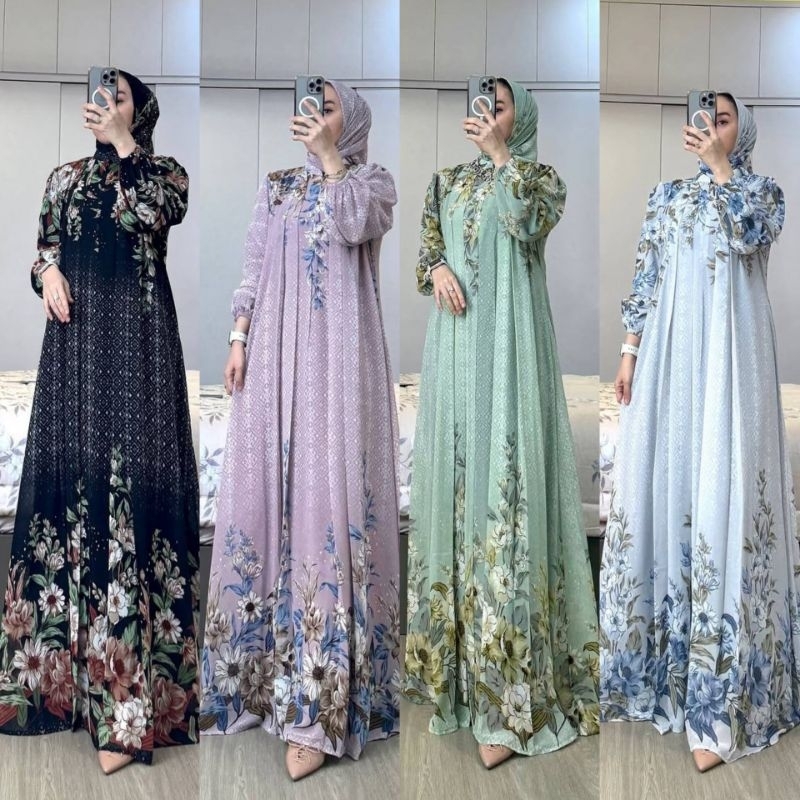 Gamis Wanita Setelan Hijab Segiempat Bahan Rayon Diamond Baju Lebaran Model Terbaru Dress Busui Frie
