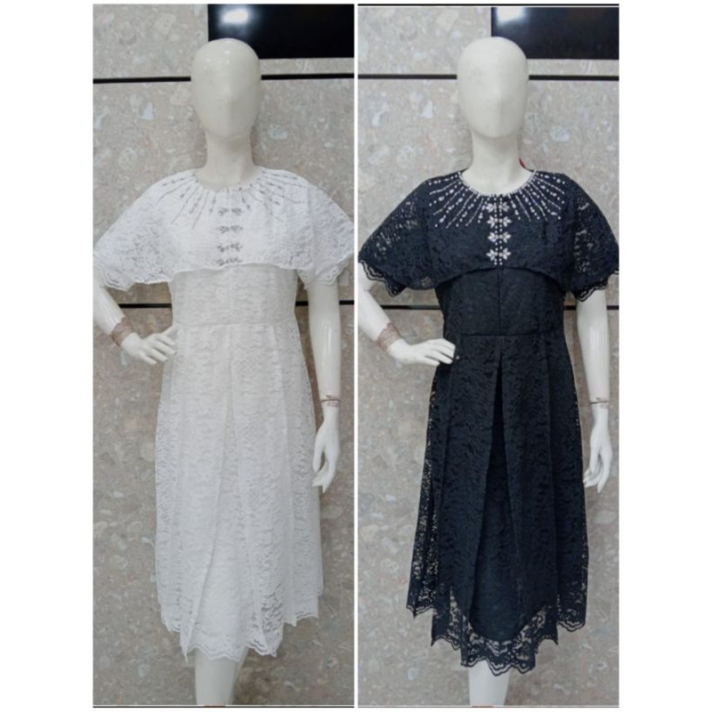 K8443 Dress brukat semi Prancis kombinasi payet - Dress brukat outer nempel - Dress brukat putih - D