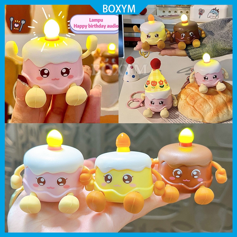 LED Night Light Gantungan Kunci Kue Kartun Lampu Keychain Night Light Gift Versi Suara Happy Birthda