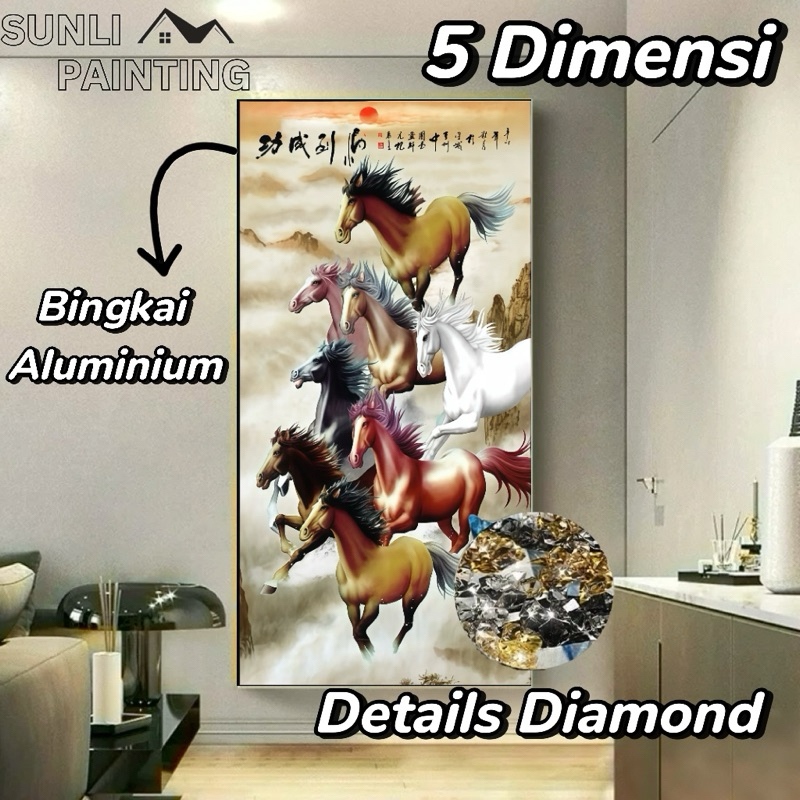 SUNLIPAINTING Lukisan Porcelain 5D - Motif 8 Kuda - Lukisan Ruang Tamu - Dekorasi Rumah - Diamond