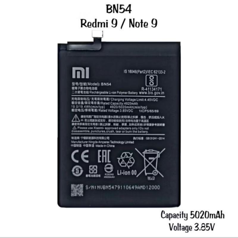 BATERAI ORIGINAL BN54 FOR HP XIOMI REDMI 9 / XIOMI REDMI NOTE 9 BATERAI BATRE BATTERY ORIGINAL