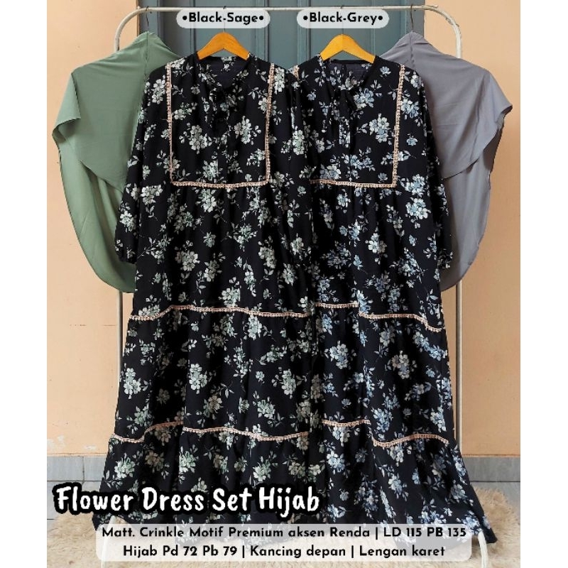 Flower Dress set Hijab / Gamis Crinkle Motif set Hijab Bergo