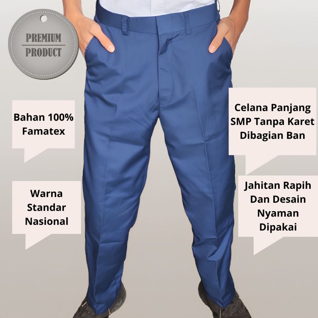 Celana SMP Seragam Sekolah Biru Panjang Osis Laki-Laki Bahan Katun Tanpa Karet