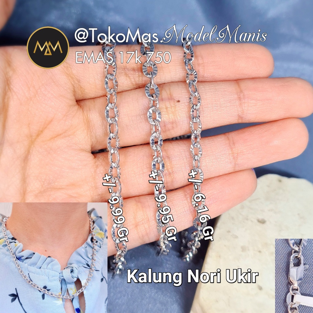 Kalung Nori rantai ukir Jumbo emas putih 750 kadar 17 K
