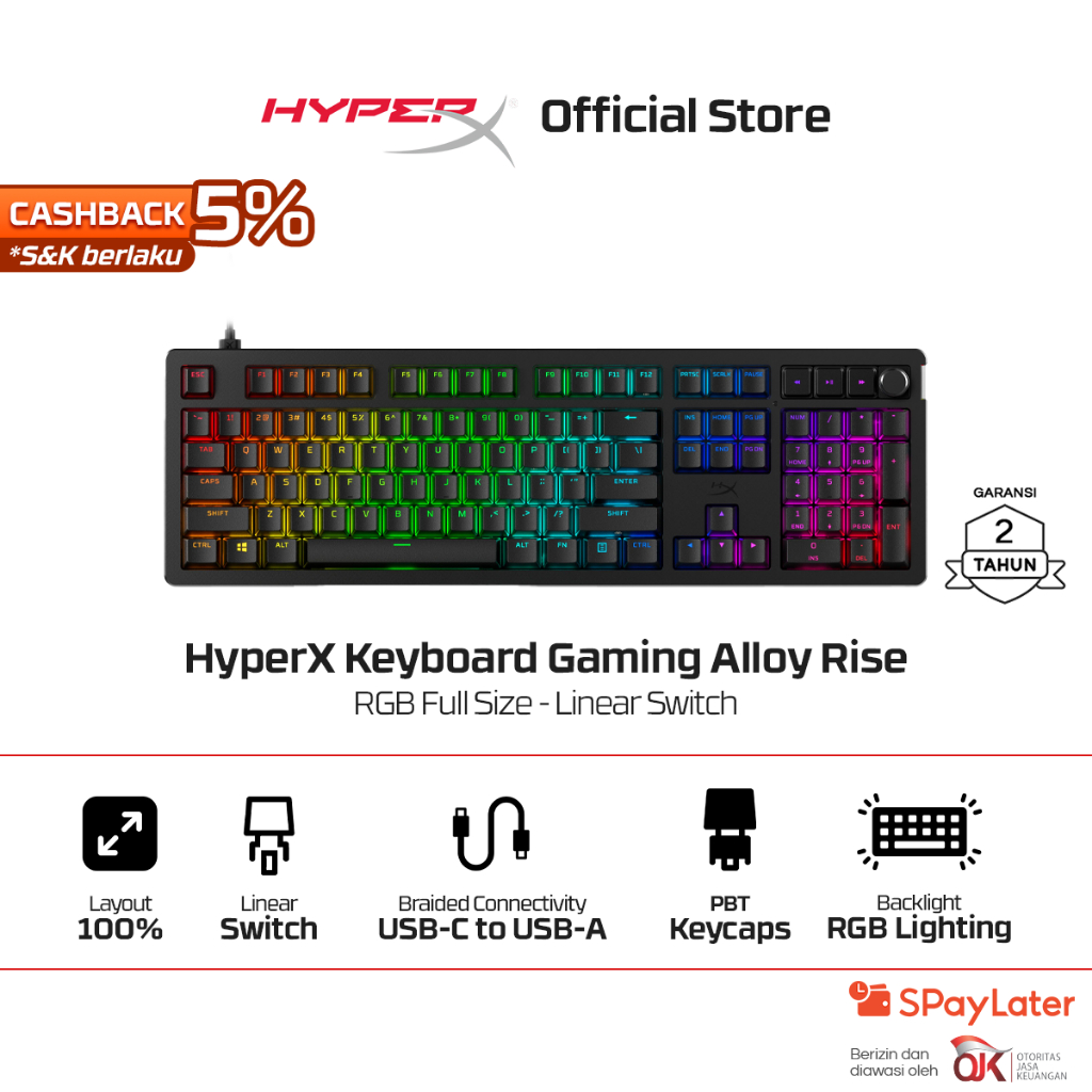 HyperX Keyboard Gaming Alloy Rise 100% Wired Linear Mechanical Switch PBT Keycaps RGB LED Full Size 