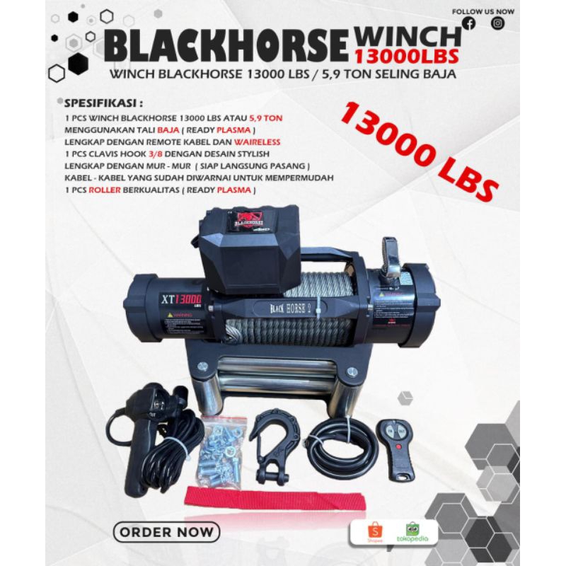 WINCH BLACK HORSE BAJA 13000 LBS GEN 2 12 DAN 24V TALI DEREK MOBIL WINCH OFFROAD