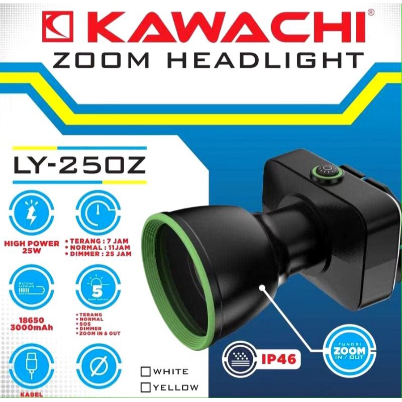 Senter Kepala LED Zoom Kawachi LY-250Z - Baterai 3000 mAh - Jarak Jauh - Tahan Lama