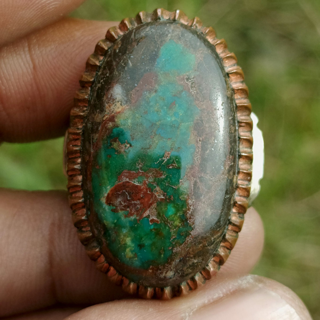 Batu Natural Pirus Sakral Persia Hijau Tua Biru Daun Matrik Urat Darah Tegas Dim-32 Ring Ukir Gagah