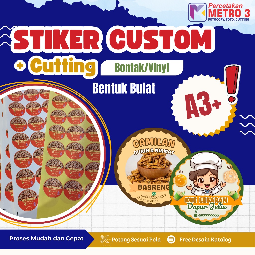 

CETAK STIKER CUSTOM + CUTTING/CETAK STIKER BULAT/STIKER LABEL MAKANAN/MINUMAN/STIKER BONTAK A3+