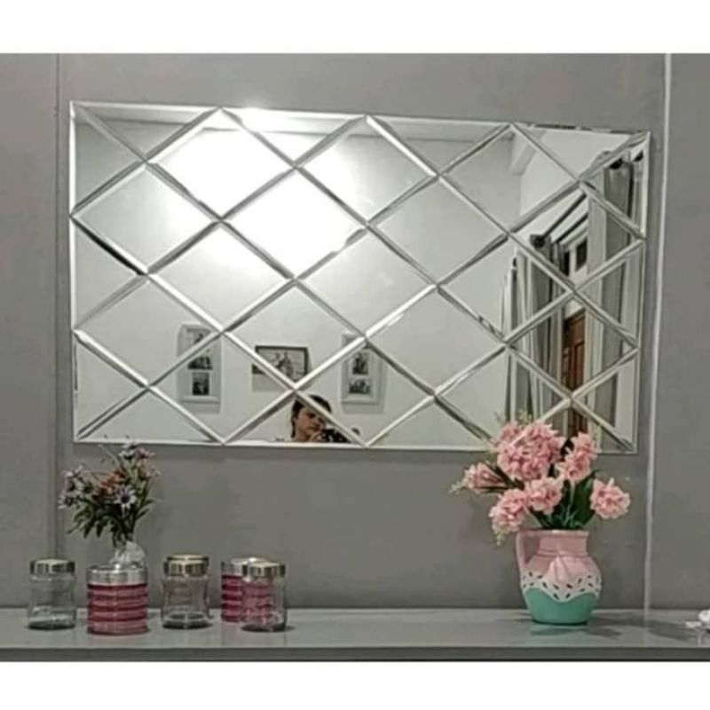 Custom 150x100cm Tebal 5mm Bevel 1cm Free Double tape foam dan Packing Peti Kayu Kaca Cermin Bevel K