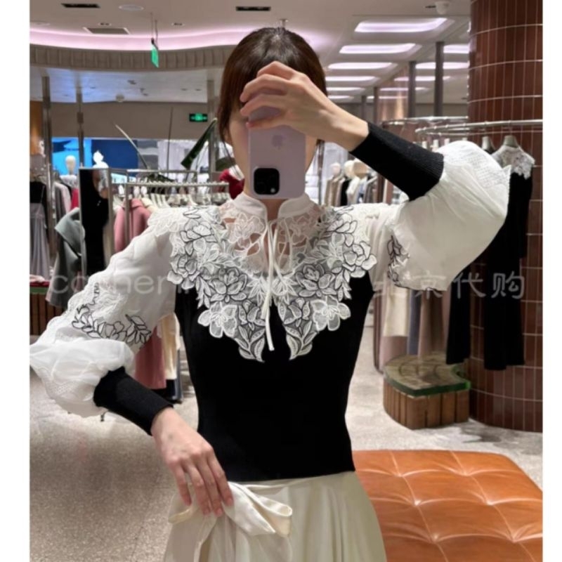 2909  Atasan Pakaian Baju blus blouse kemeja lengan panjang balon hitam broken white mocca bordir ca