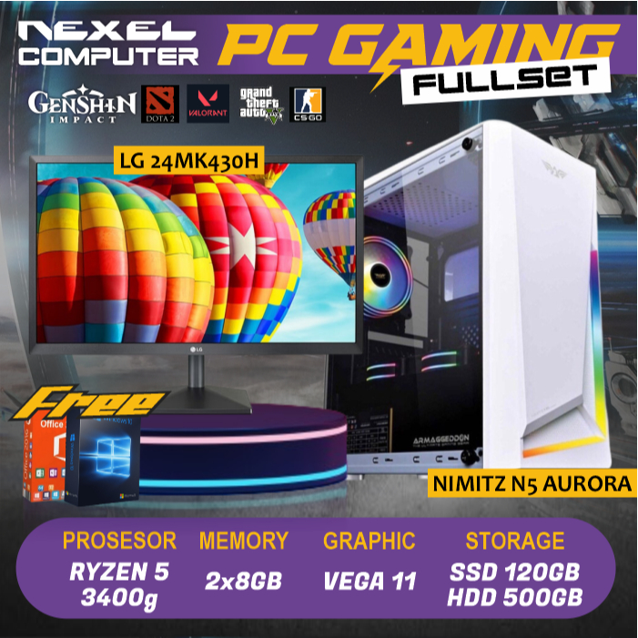 PC GAMING FULLSET - AMD RYZEN 5 3400G - 16GB RAM - VEGA 11 - SSD 120GB + HDD 500GB