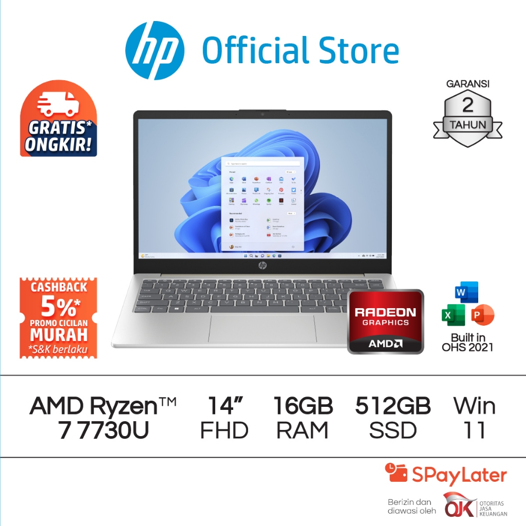 Laptop HP AMD Ryzen 7 Radeon 16GB RAM 512GB SSD Gold / Silver Windows 11 Home 14 Inch Garansi 2 Tahu