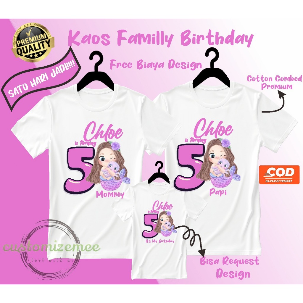 CUSTOM KAOS COUPLE FAMILY BIRTHDAY MERMAID/KAOS ULANG TAHUN/KAOS CUSTOM ULANG TAHUN/KAOS COUPLE ANAK