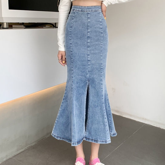 ROK kodok jeans/rok jeans 7/9 span/ denim slit stretch/ plisket span premium/Rok jeans panjang jumbo