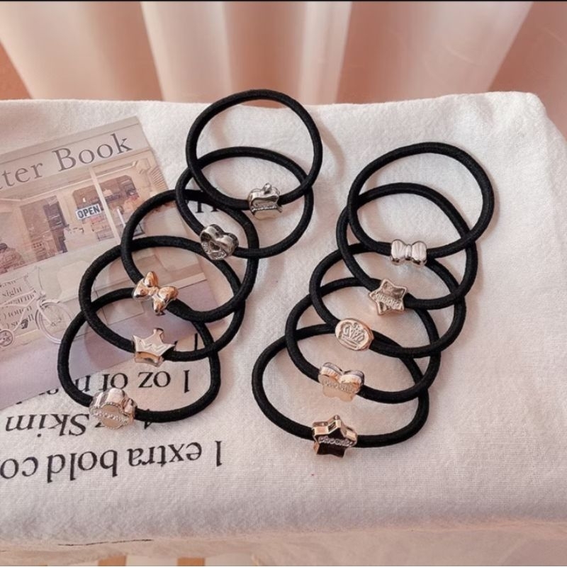 [ COD ] 5pcs IKAT RAMBUT POLOS HITAM TEBAL KARAKTER FASHION KOREA / GELANG KARET SIMPLE TALI RAMBUT