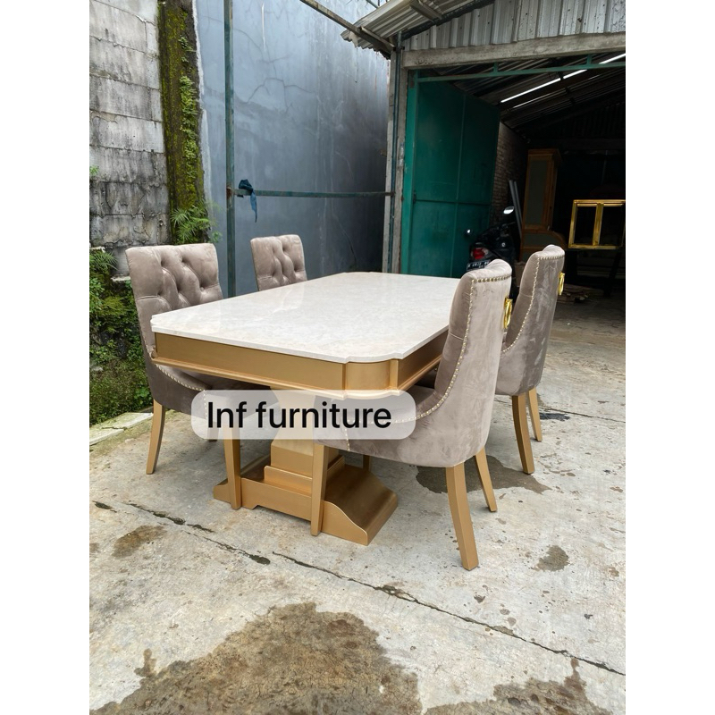 meja makan marmer mewah set 4 kursi