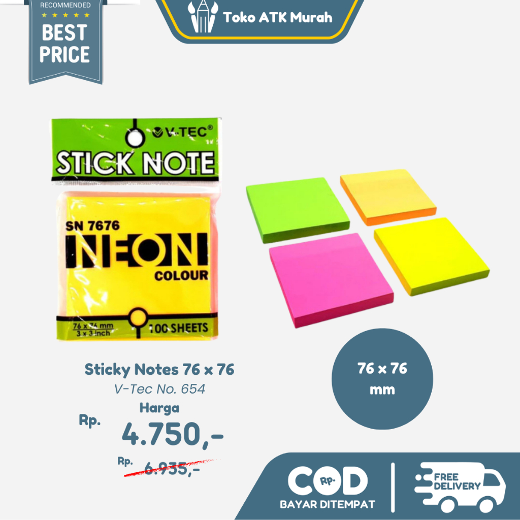 

Stick Note V-TEC SN 7676 No. 654 Sticky Notes 76 x 76 mm Memo Color