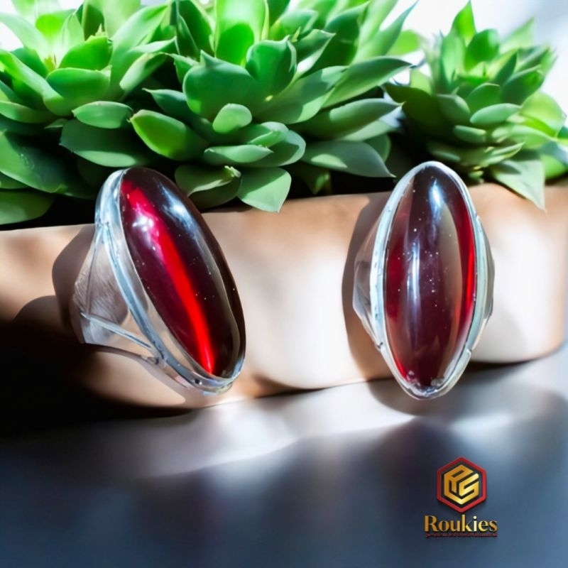 Cincin Batu Merah Siam Model Pandan/ Panjang Ring Baja Putih Monel