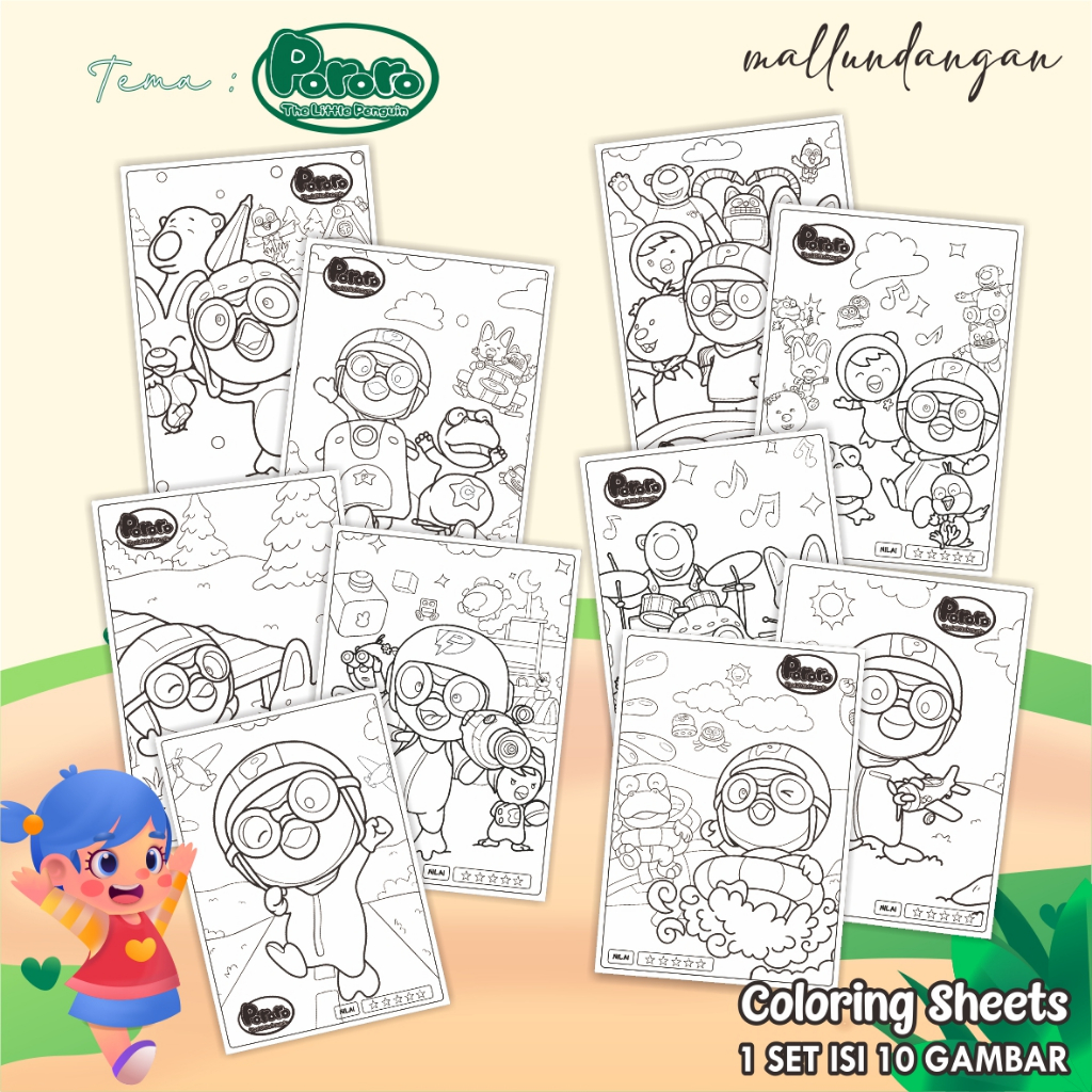 

LEMBARAN MEWARNAI ANAK A4 - KERTAS GAMBAR UNTUK ANAK TEMA PORORO - PAPER COLORING SHEETS FOR KIDS
