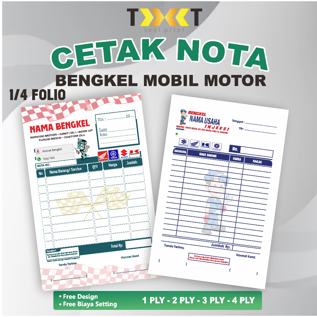 

TERMURAH CETAK NOTA BENGKEL MOTOR/ MOBIL FULL WARNA CUSTOM UKURAN 1/4 FOLIO