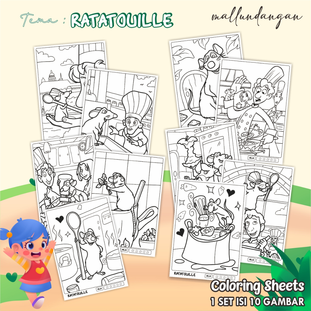 

LEMBARAN MEWARNAI ANAK A4 - KERTAS GAMBAR UNTUK ANAK TEMA RATATOUILLE - PAPER COLORING SHEETS FOR KIDS