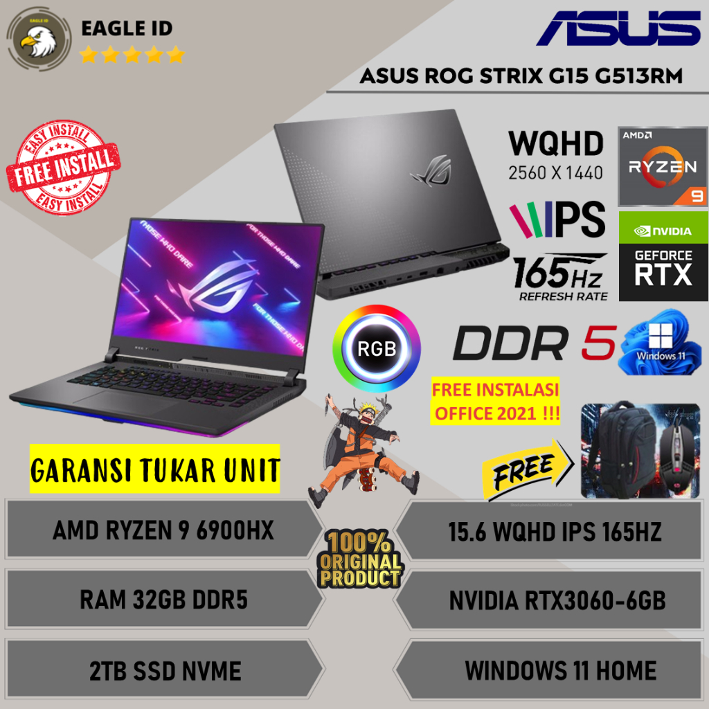 Laptop Gaming Asus ROG G15 G513RM Amd Ryzen 9 6900HX Ram 32GB DDR5 2TB SSD 15.6'' WQHD IPS 165Hz RTX