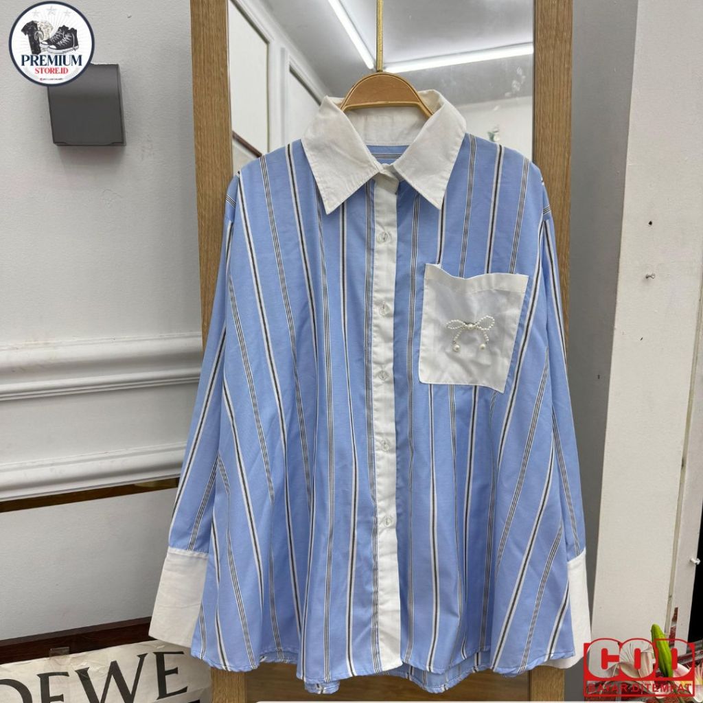 PremiumStore.Outfit - Kemeja Wanita Katun Poplin Garis Biru Putih | LD 110 cm | Panjang ±75 cm | Sty