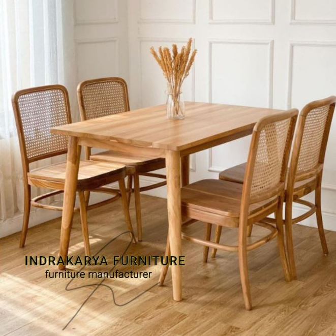 Indrakarya - Set Kursi Makan Rotan calvin Jati Jepara/Meja Makan Retro Kayu Jati Solid Jepara