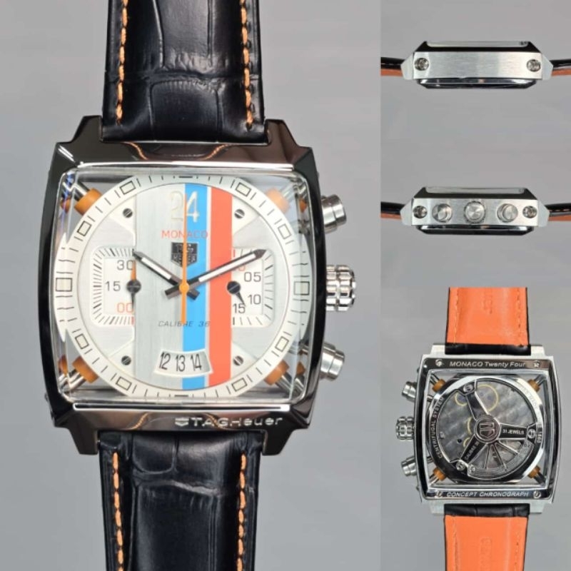 JAM TANGAN PRIA TAG HEUER MONACO CALIBRE 36 LEATHER JAPAN QUARTZ DIAMETER 44MM SUPER QUALITY