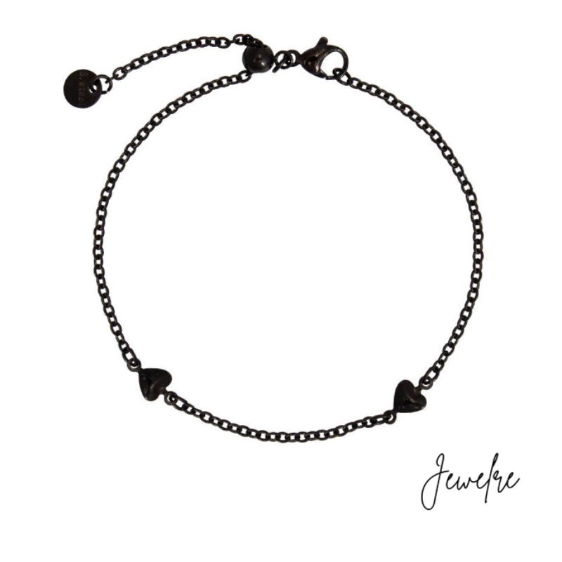 Jewelre Gelang Serut Hitam 2 Heart Tipis