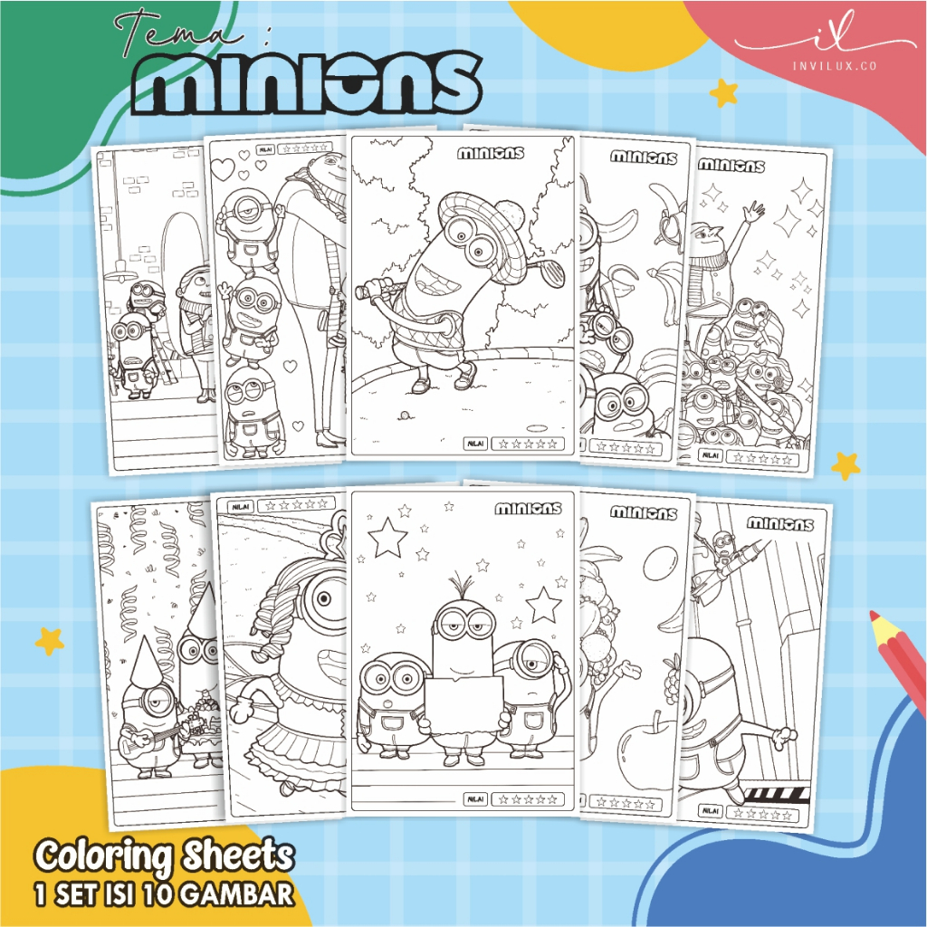 

[A4 - MINIONS] KERTAS GAMBAR UNTUK ANAK - LEMBAR MEWARNAI ANAK 1 SET ISI 10 LEMBAR GAMBAR